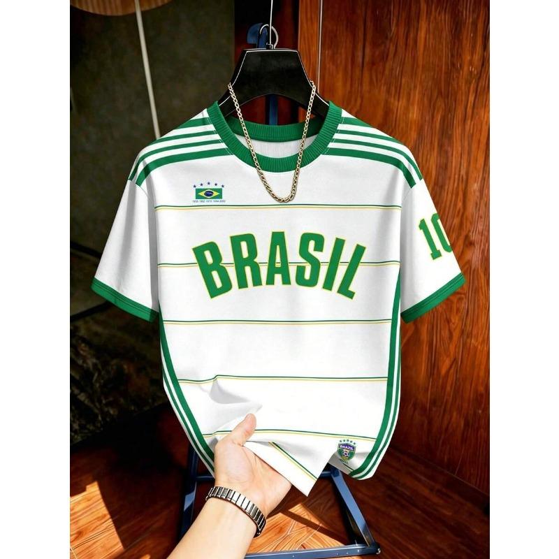Kinder Brasilien Fußball T-Shirt Fußballtrikot Streifen & Retro-Print Atmungsaktiv Schnelltrocknend Trainings-T-Shirt Fan Sport Oberteil Herren Damen