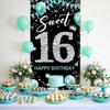 Sweet 16 Party Decorations, Fabric Happy 16th Birthday Banner Backdrop Teal Blue Silver, Sweet Sixteen Birthday Decorations for Girls, Turquoise 16