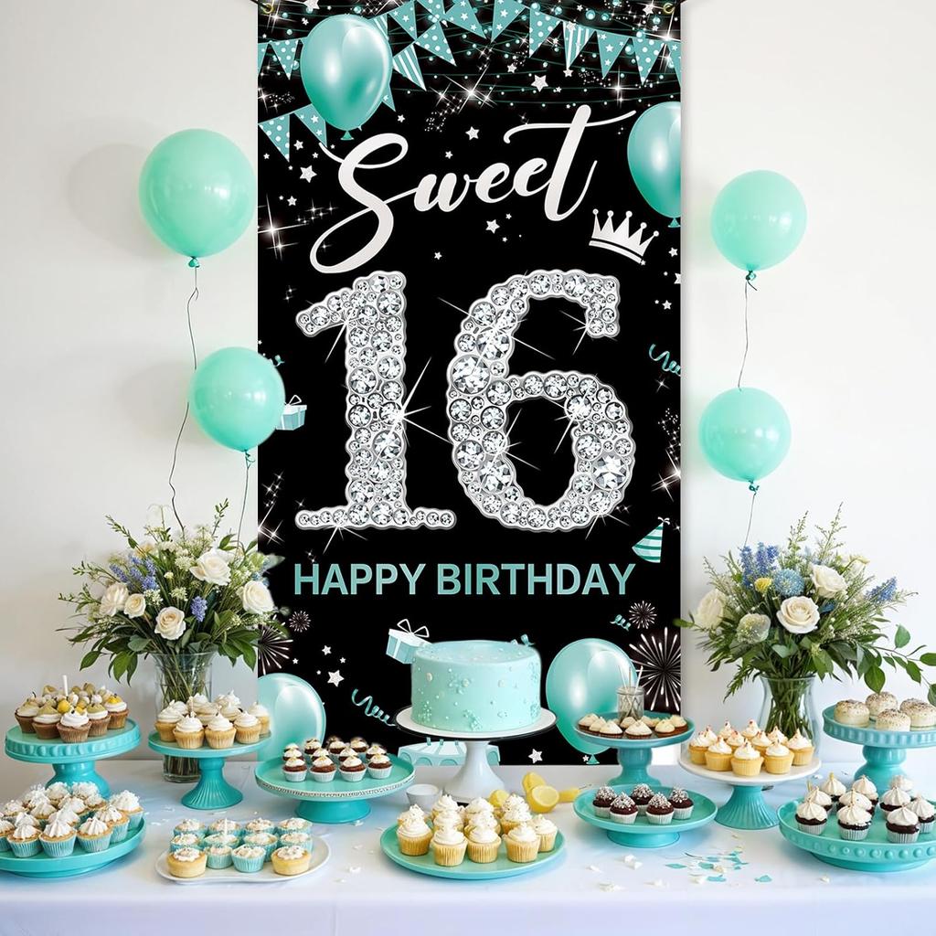 Sweet 16 Party Decorations, Fabric Happy 16th Birthday Banner Backdrop Teal Blue Silver, Sweet Sixteen Birthday Decorations for Girls, Turquoise 16