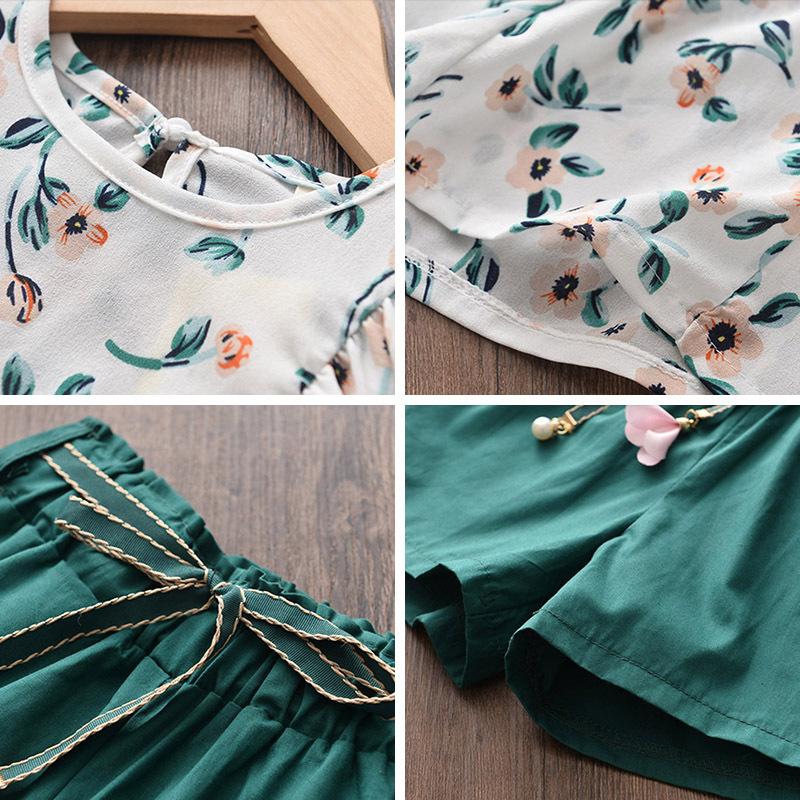 Girls Summer Flutter Sleeve Floral Top And Solid Loose Shorts Two Piece Set Kids Casual Outfit