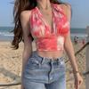 Tie-Dyed V Neck Halter Slim Exposed Navel Sleeveless Crop Tank Top