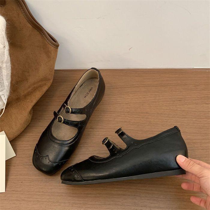 2025 New Korean Version Retro Suede Square Head Double Buckle with Flat Sole Single Shoes, Evening Style Versatile Height Increase Mary Jane Shoes 