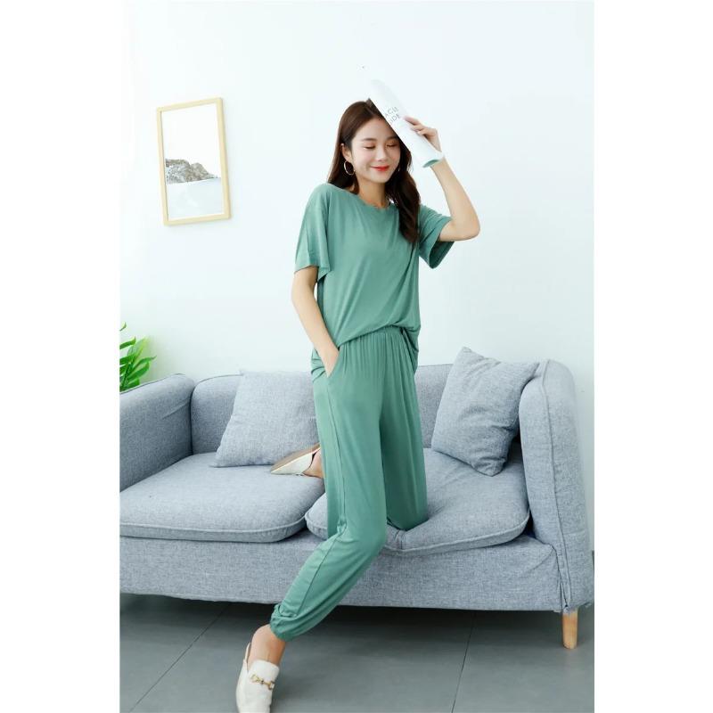 Frühlings- und Herbst-Modal-Pyjama-Set für Damen, große Hauskleidung, lockerer zweiteiliger Sommer-Pyjama, Schlafanzug für Damen