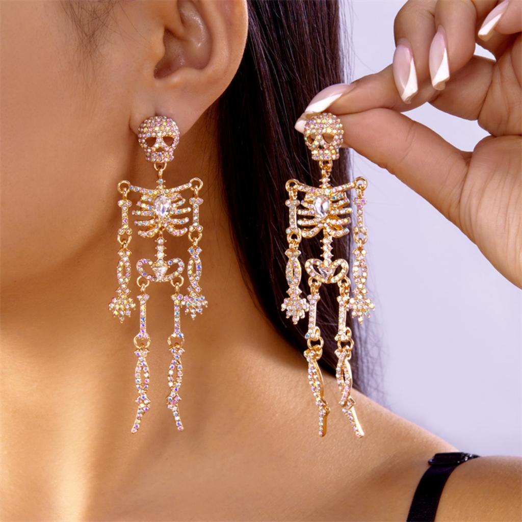 Sparkling Full Rhinestone Halloween Skull Earrings For Women Men Gothic Party Drop Dangle Earrings Punk Rock Statement Jewelry