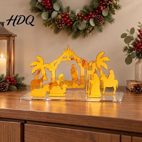 Christmas Party Supplies Acrylic Nativity Scene Ornament Manger Tabletop Decor Gold Desktop Decoration Elegant Holiday Home Display And Festive
