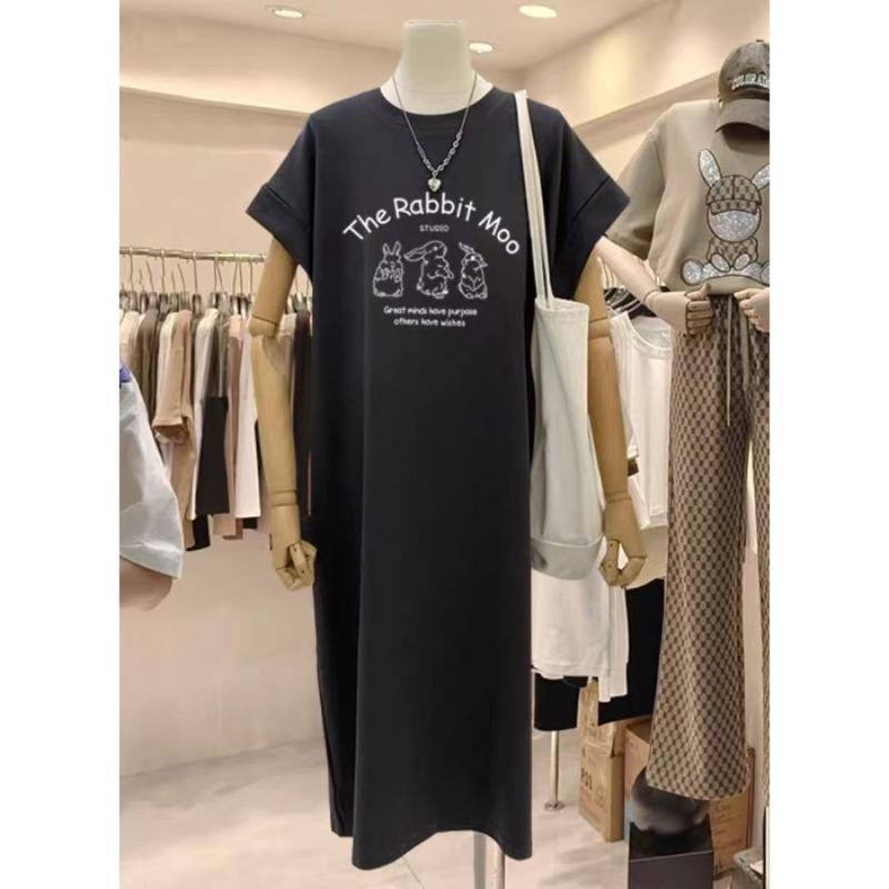 

Printed T-shirt Dress, Loose and Casual Oversized Long-sleeved Dress 4XL чорний