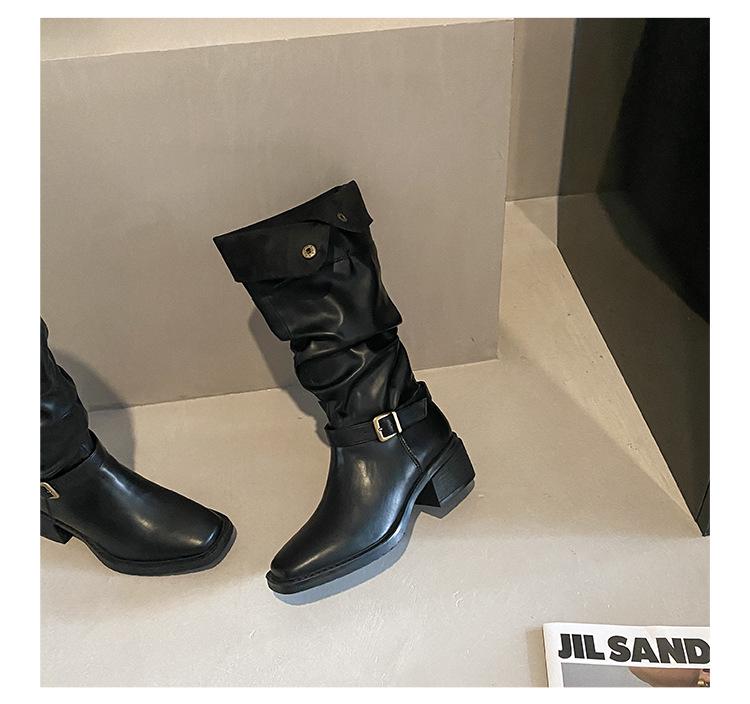 Women's Cowhide Retro Thick-Soled Over-the-Knee Western Boots with Two-Way Belt Buckle and Stacked Heels