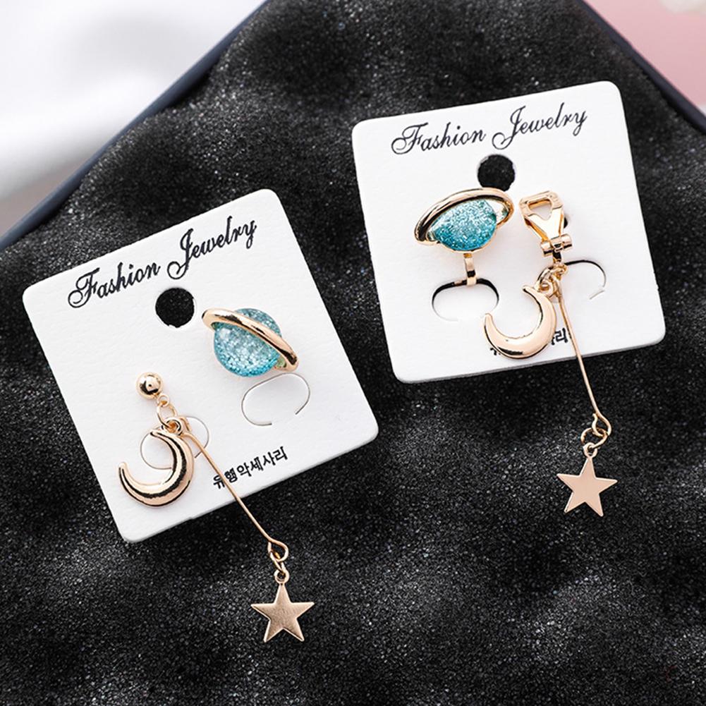 Woman Stylish Elegant Star Moon Shaped Asymmetric Universe Element Earrings