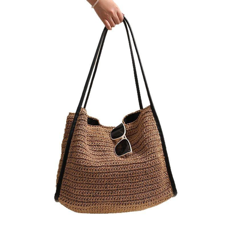 IELGY French Large-Capacity Straw Bag Solid Color Woven Bag
