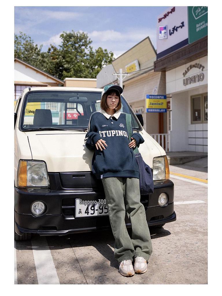 Preppy Retro Embroidered Long-Sleeve Polo Shirt - Trendy Color Block Lapel Sweatshirt for Women and Couples