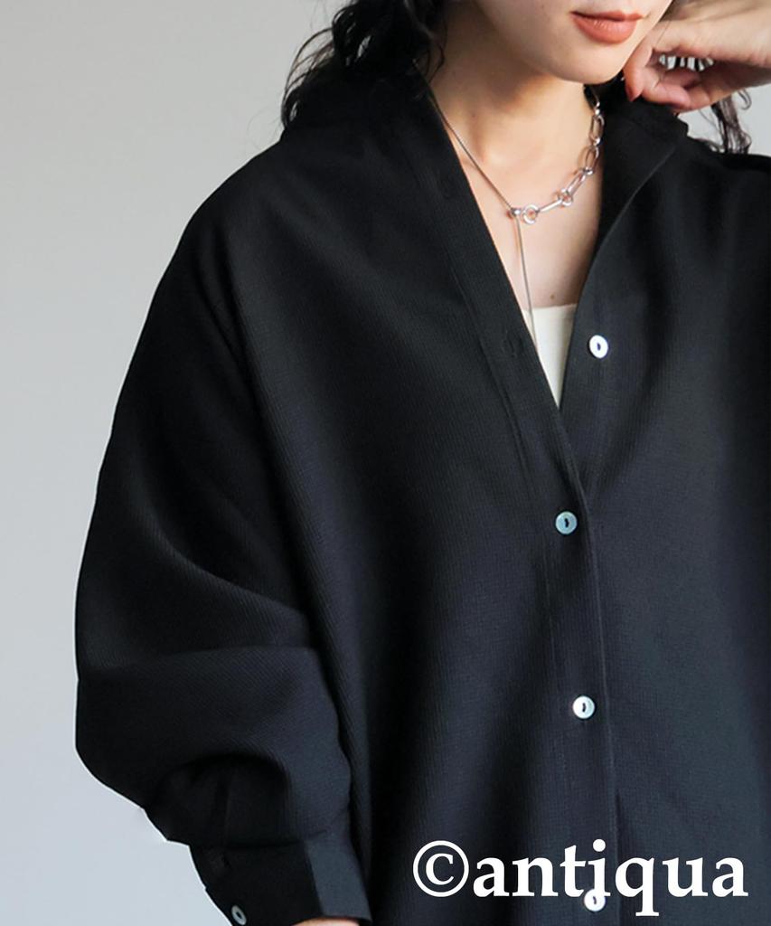 Antiqua Waffle Fabric Shirt Plus Size Black Women's Dress, PK-01359, (L-XXL), 05,