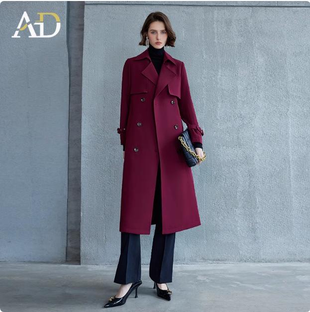 

Бордовый двубортный тренч средней длины - Элегантный стиль с отложным воротником XXL