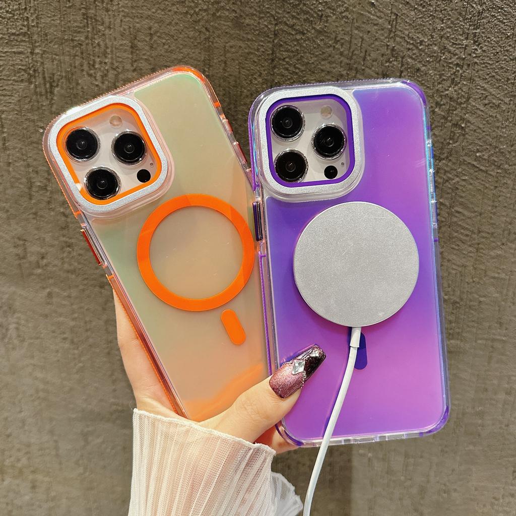 For iPhone 15 Pro Max Magnetic Case TPU Acrylic Phone Back Cover with Lens Film and Kickstand