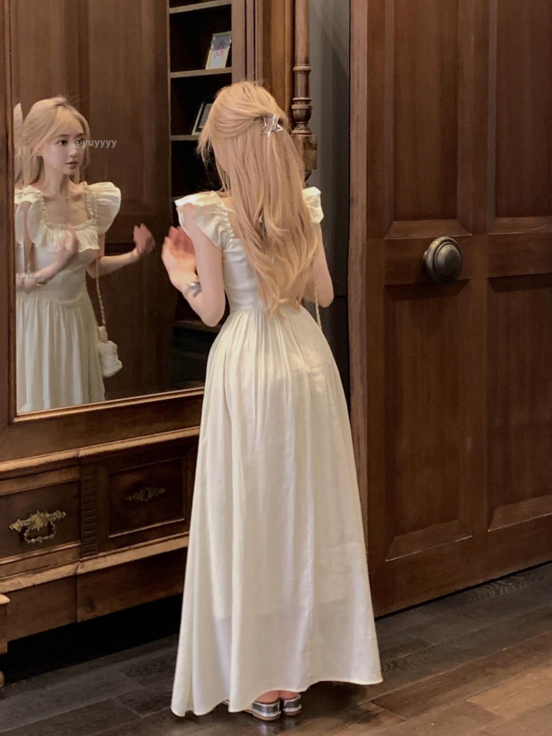 

Розовое платье без рукавов с оборками, рукавами-крылышками и квадратным вырезом - Лето 2024 XXL абрикосовый