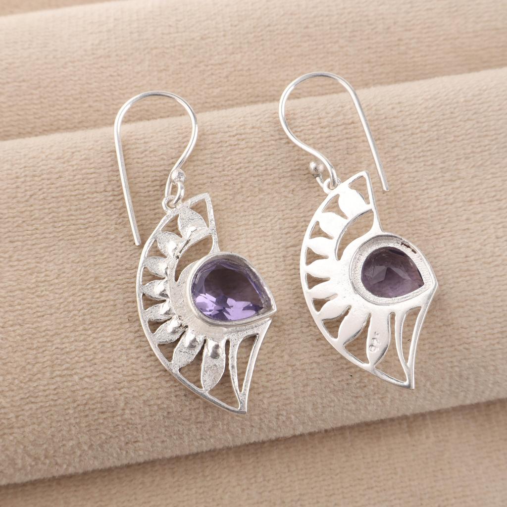 Natural Iolite Gemstone Silver Dangle Earrings 1.5", 925 Sterling Silver Jewelry, September Birth-Stone Jewelry, Iolite Earrings For Gift CE-26-8