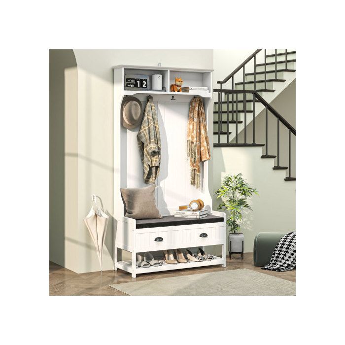 Porte-manteau - MUVOE - 2-en-1 - Blanc + gris - 4 crochets - Banc à chaussures - Rangement pratique