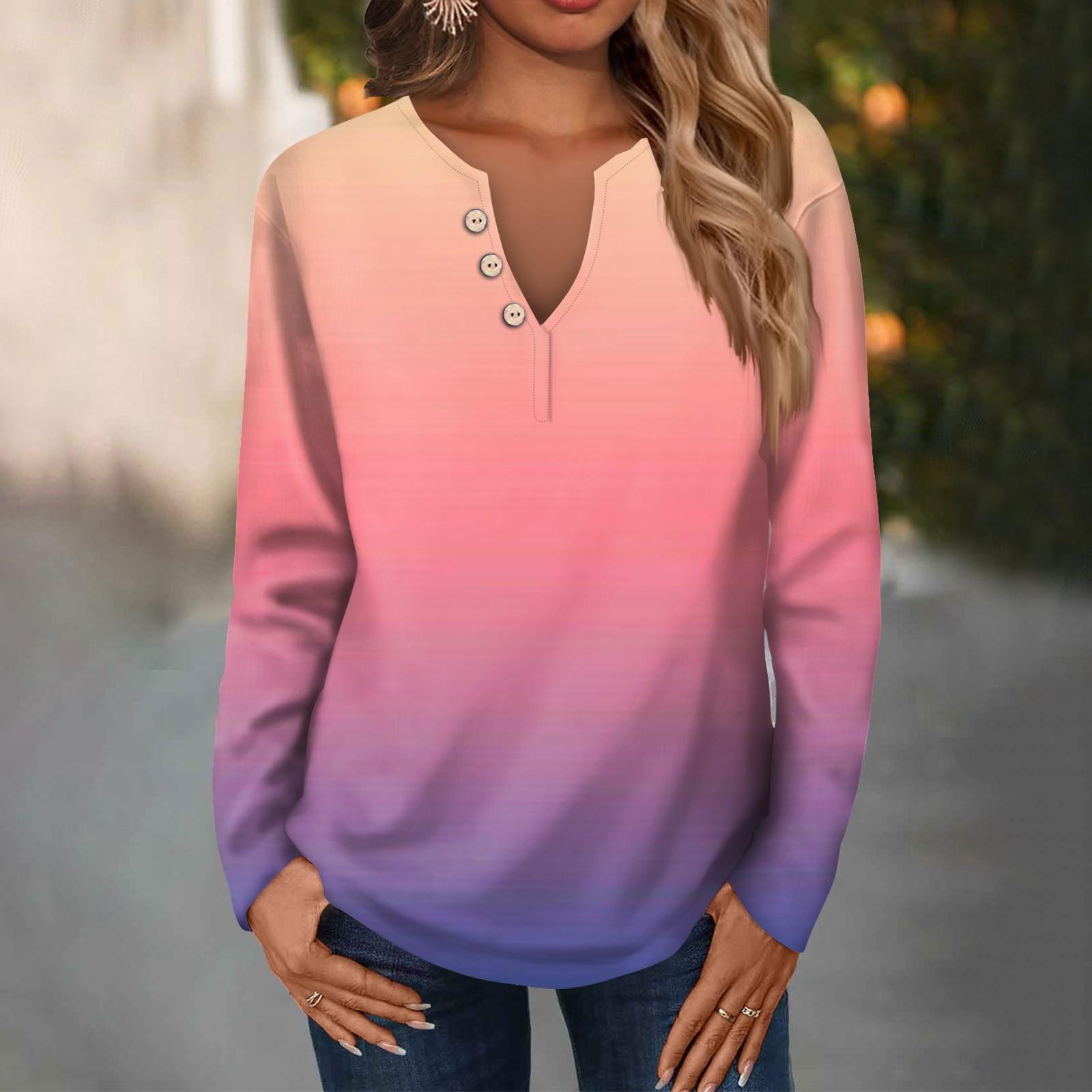 Женская модная повседневная свободная футболка с v-образным вырезом и длинным рукавом — фото 12