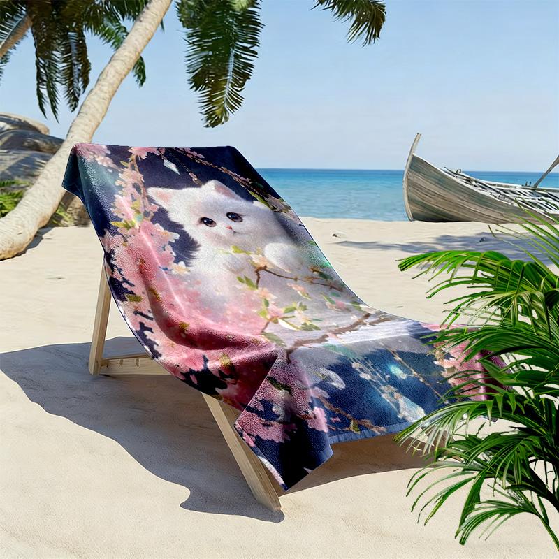 Whimsical cat & florals 2D Flat Print Beach Towel, Large Soft Quick Dry Towel for Beach Camping SwimmingZSTJ0915425