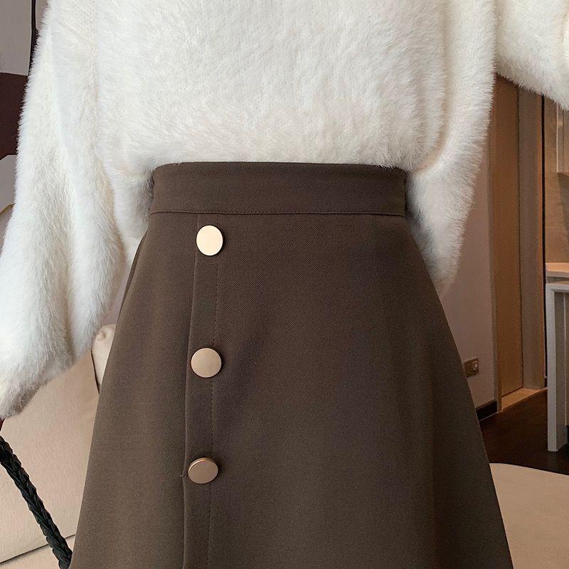 2025 Elegant Woolen A-Line Skirt: Irregular Hem, High Waist, Slimming Design for Women - Perfect for Autumn and Winter.