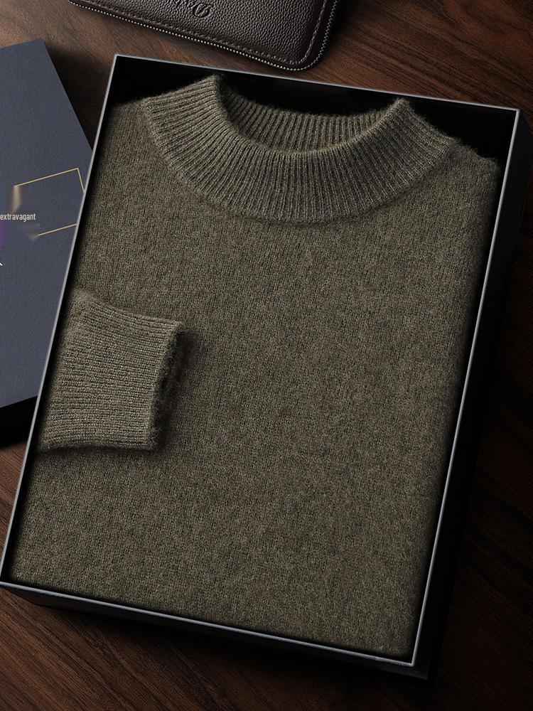 Men's Double-Thick Lamb Cashmere Sweater, Solid Color, Round Neck, Autumn/Winter Base Layer.