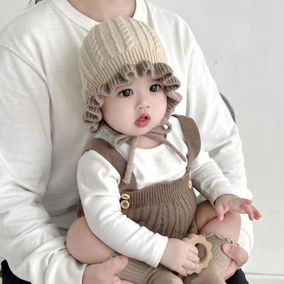 Baby Girl Winter Wool Hat with Ear Protection and Lace Trim