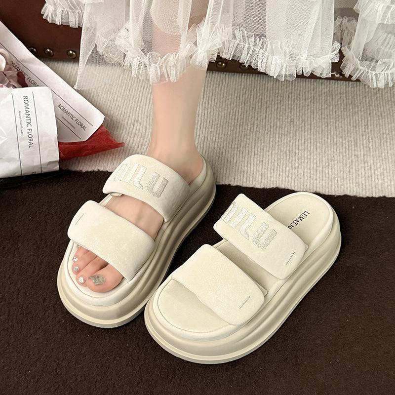 2025 new summer thick-soled heightening shoes one-word slippers women's versatile casual cool slippers Velcro not tired feet