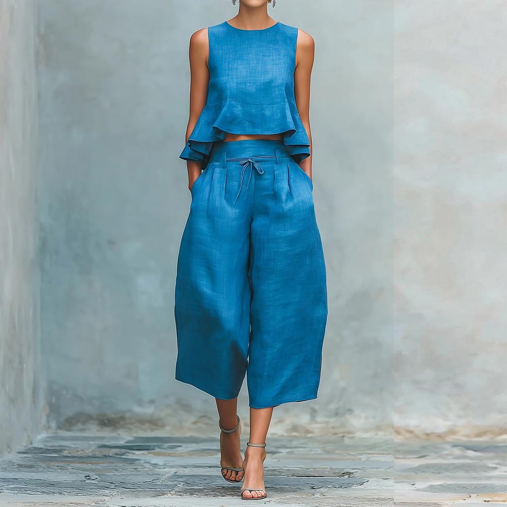 Moda Y Sexy Traje De Lino Con Cinturón Elástico Para Mujer Primavera y Verano Retro Conjunto Casual De Dos Piezas Moda Femenina Color