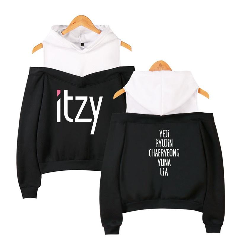 

4 цвета, женские модные пуловеры с принтом ITZY Kpop, толстовки, уличные повседневные толстовки с открытыми плечами S чёрный