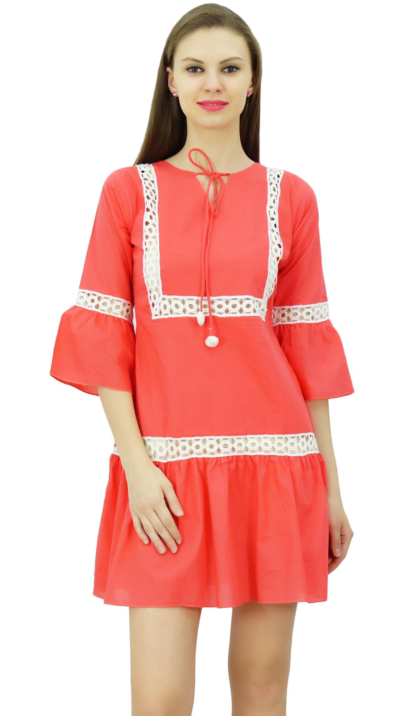 

Bimba Summer Boho Short Dress Ruffle Sleeve Mini Dress Boho Chic Beach 8 персиковий