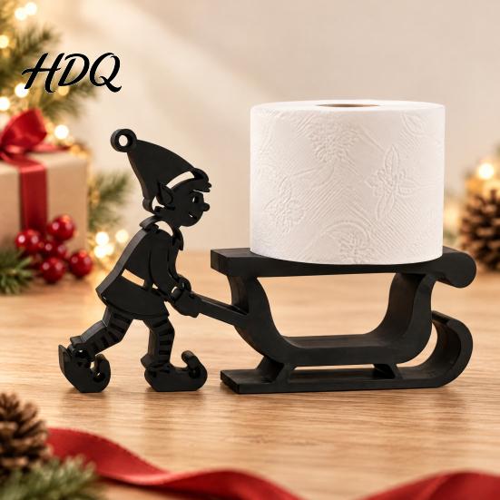 Novelty Paper Roll Storage Christmas Elf Towel Holder 3D Printed Matte Black Tissue Holder Stand Sleigh Silhouette Decorative for Kitchen