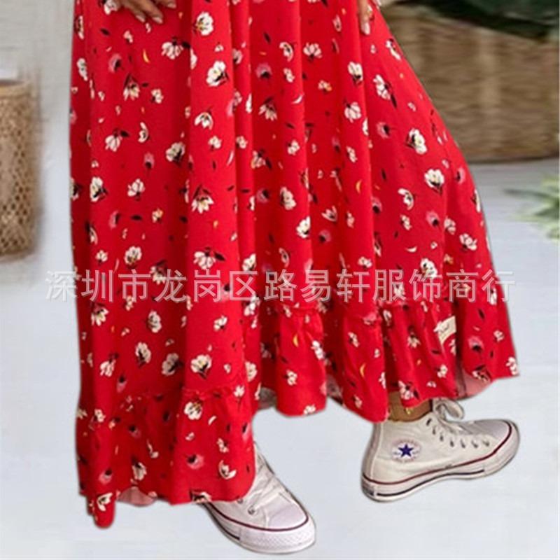 Summer Loose Plus Size Long Printed Bohemian Dress Wind Short Sleeves