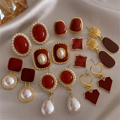 Geometric Red Enamel Stud Earrings for Women Statement Vintage Imitation Pearls Earrings Light Luxury Party Jewelry Gift