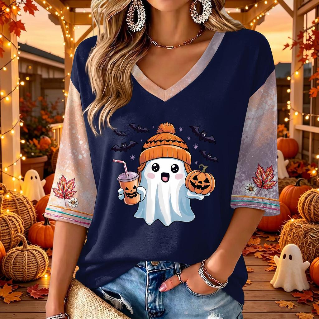 Women's V-Neck Casual Halloween Print Three-Quarter Sleeve Top for Fall Festive Occasions