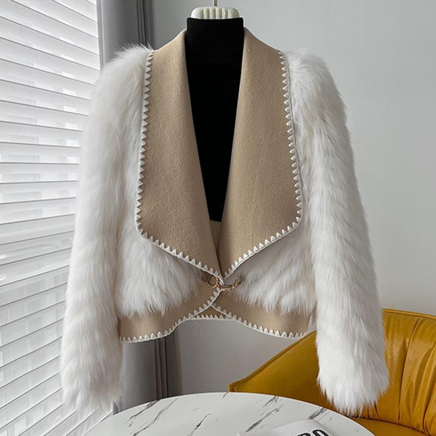 Winter Faux Fur Coat Women Short Wool Fashion Open Front Jacket with Fur Collar