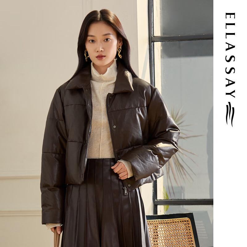 

ELLASSAY Women s Simple Lapel Goose Down PU Leather Short Jacket L
