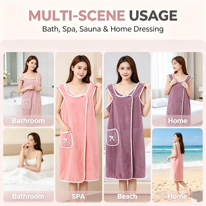 Soft Coral Fleece Wearable Bath Towel With Front Pocket Fast Water Absorption For Home Shower Spa Daily Use