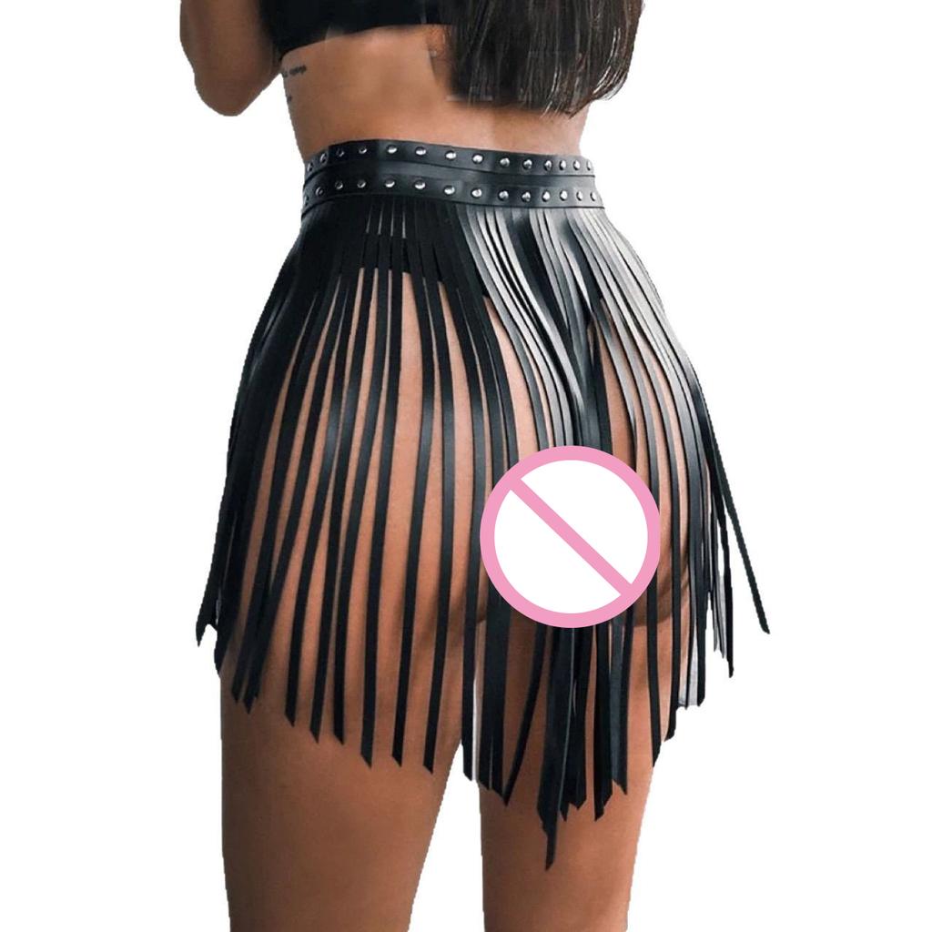Women Sexy Body Harness Belt Tassels Short Leather Skirt Waistband Leather Lingerie  Bondage Punk Gothic Fetish Clothing