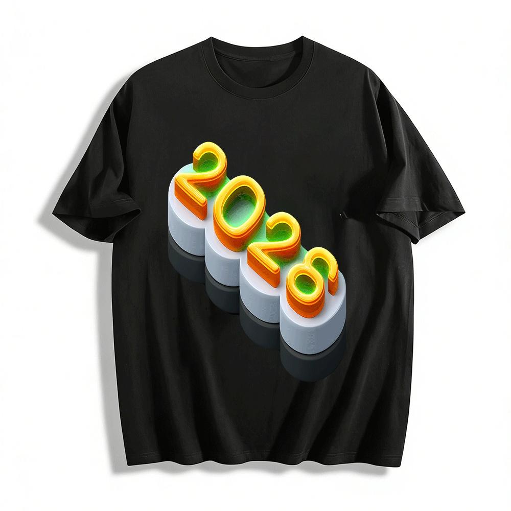 

2028 New Year Themed Trendy Print Casual Versatile Crewneck Top Pure cotton T-shirt XXS