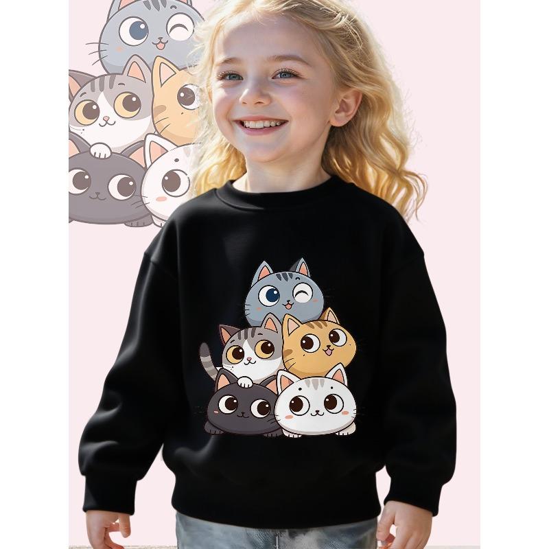 Kids Crewneck Sweatshirt, Kawaii Cat Friends Cartoon Graphic Print, Soft Casual Long Sleeve Pullover