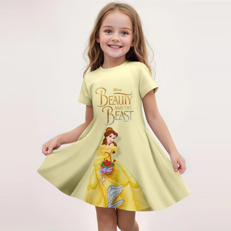 Disney Summer Girls Cute Cartoon Stitch Printed Dress Fashion One-piece Dress Kids Daily Casual Short Sleeve Clothing Outfit