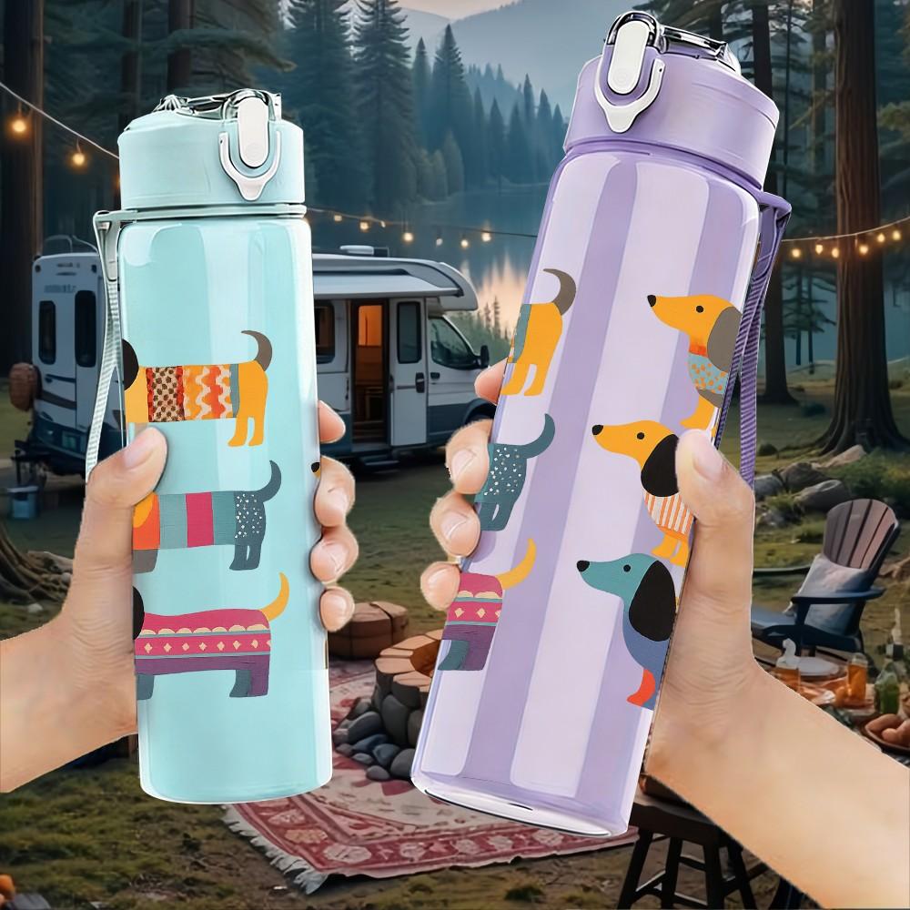 1PC Color Dachshund Repeat Grid 750ml Color Plastic Sports Water Bottle Leakproof Flip Straw Lid For Sports Office Home Use