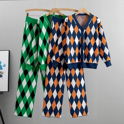 Autumn Women's Wide Leg Pants Temperament Set Plaid Casual Knit Cardigan Top Pants Two Piece Tide