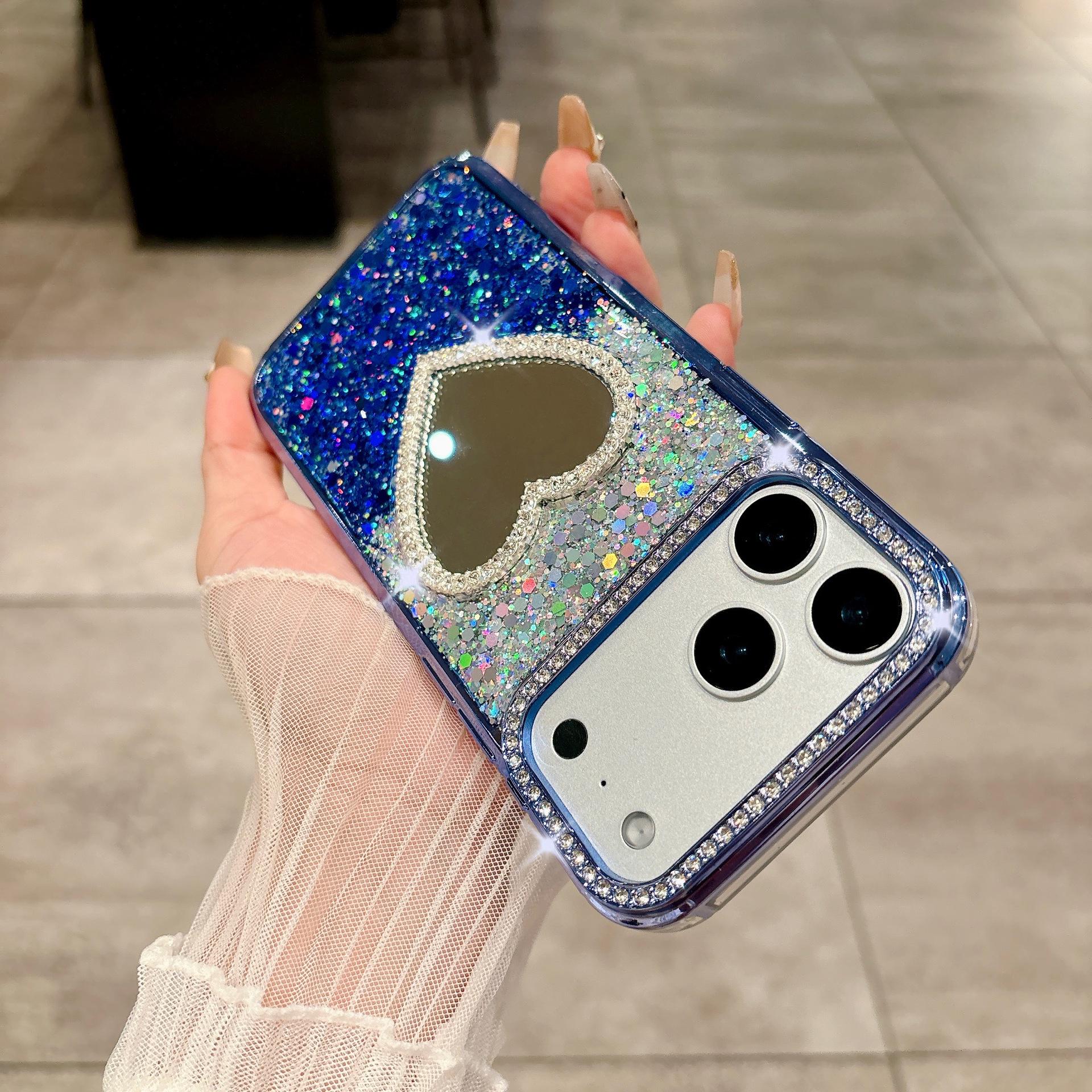 

Glitter Epoxy Heart Mirror Rhinestone Case for iPhone 15/16/17 Pro Max 16Pro Max
