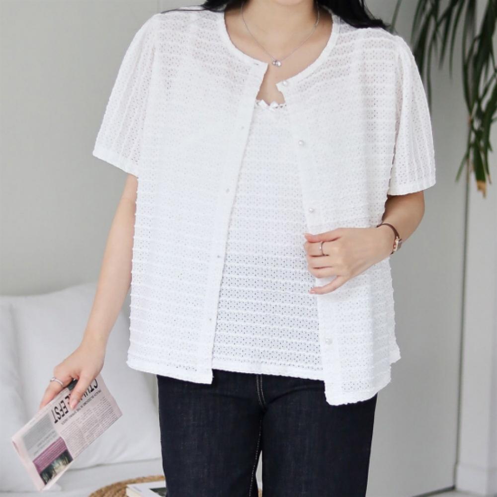 New Arrivals Open Run Women Ribbon Inner Tank Top And Short Sleeve Cardigan Set