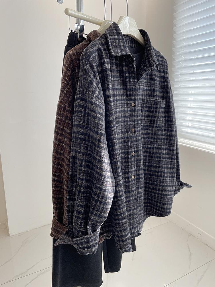 Damen Retro Karobluse - Herbst/Winter 2025 Koreanischer Lockerer Schnitt, Langarm Layering-Stil