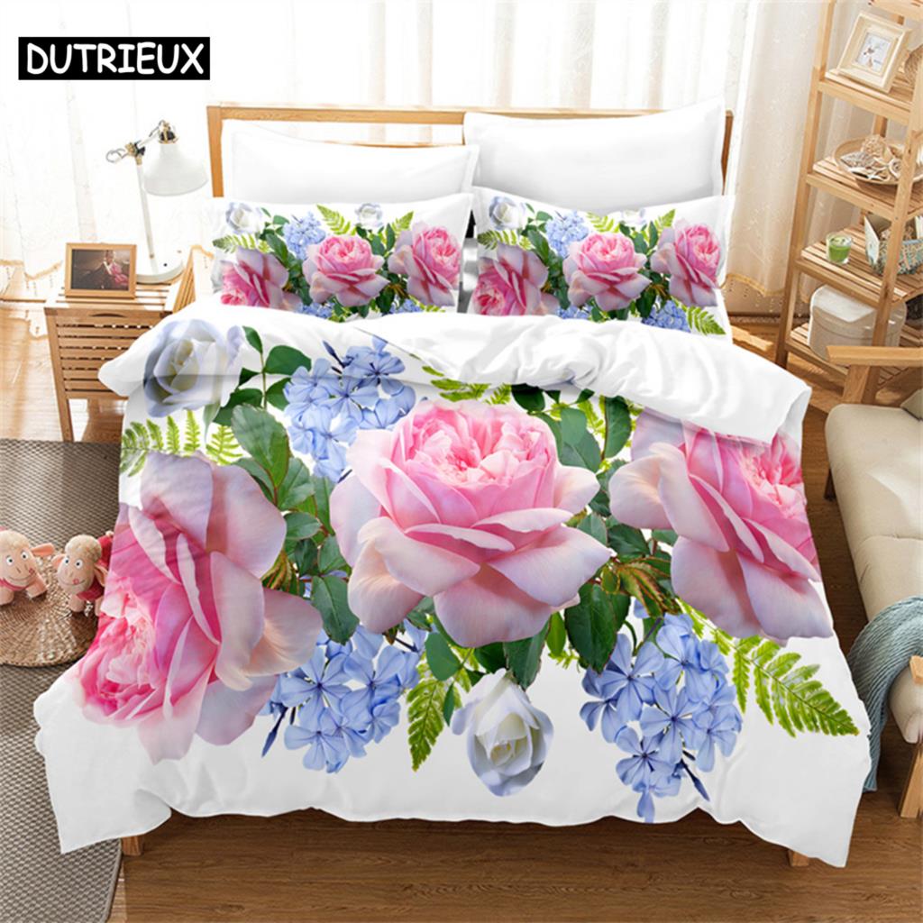 Pink Rose Queen Bedding Set Boys Girls Duvet Cover Bedroom Bed Set Comforter Cover Set King Size Duvet Cover Set Bedding Sets