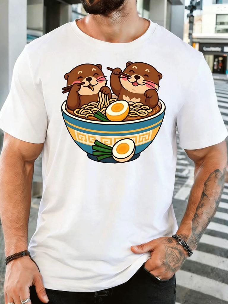 Cute Otters Eating Raunisex Noodles Unisexs Front Print T Shirt Kawaii Animal Food Graphic Tee Casual Short Sleeve Noodle Lover Gift
