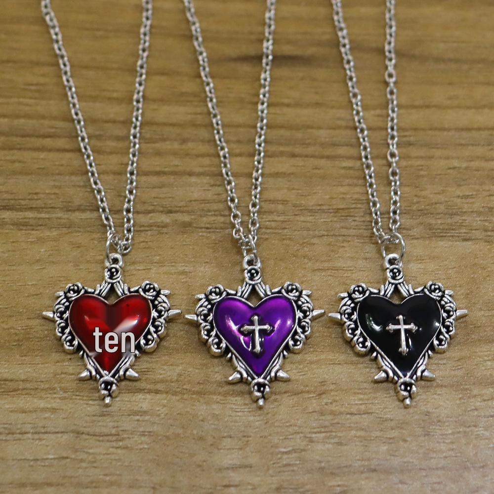 Gothic Punk Thorns Heart & Cross Bow Necklace - Retro Clavicle Chain, Ins Style