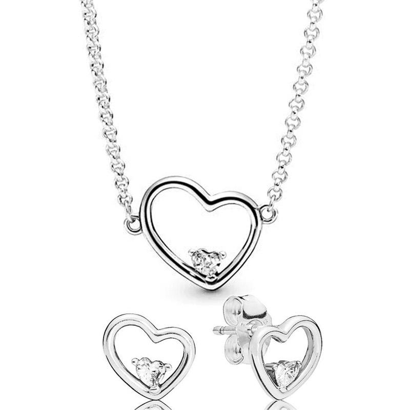 Authentic 925 Silver Asymmetric Hearts of Love Earring Necklace With Crystal For Women Jewelry Set Gift