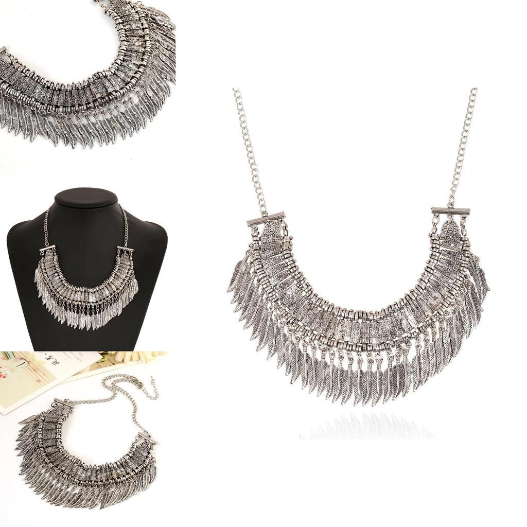 European Style Antique Silver Charm Necklace With Tassel And Carved Leaf Motif For All